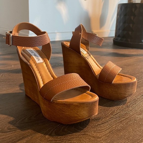 Steve Madden 6.5 / 37 Belma Tan Leather Wood Wedge platform sandal cognac brown - Picture 7 of 15